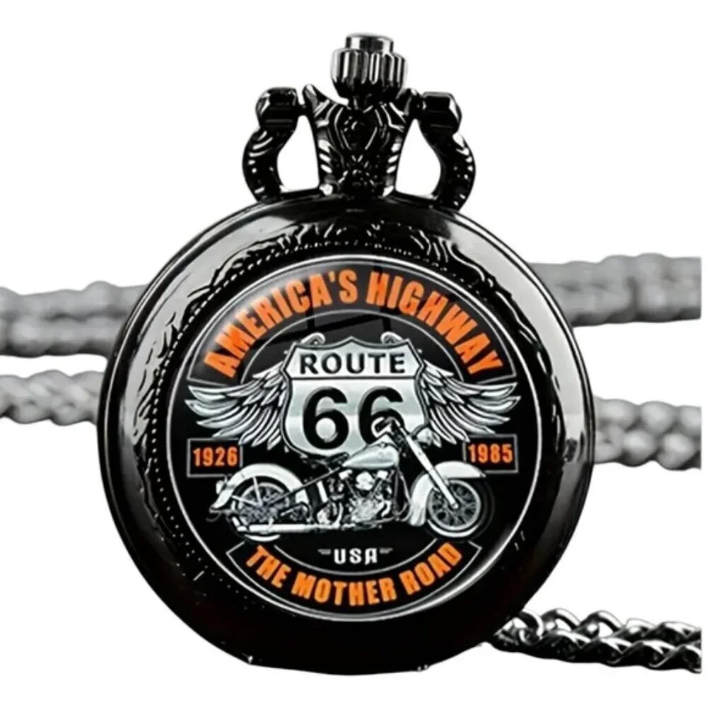 Steampunk Pocket Watch Motorcycle RT 66 Biker Chain Quartz Analog Gift NWT Black
